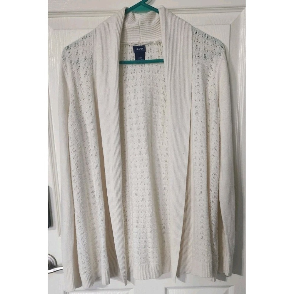 Izod Womens White Swiss Dot Eyelet Cardigan Sweater, Small